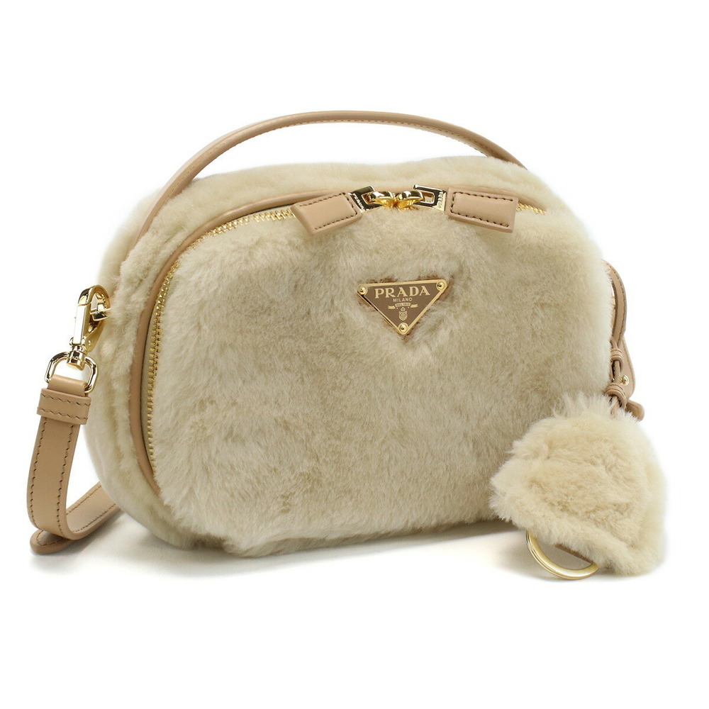 Prada Odette Shearling Shoulder Bag Plate V ECRUNOISETTE Beige